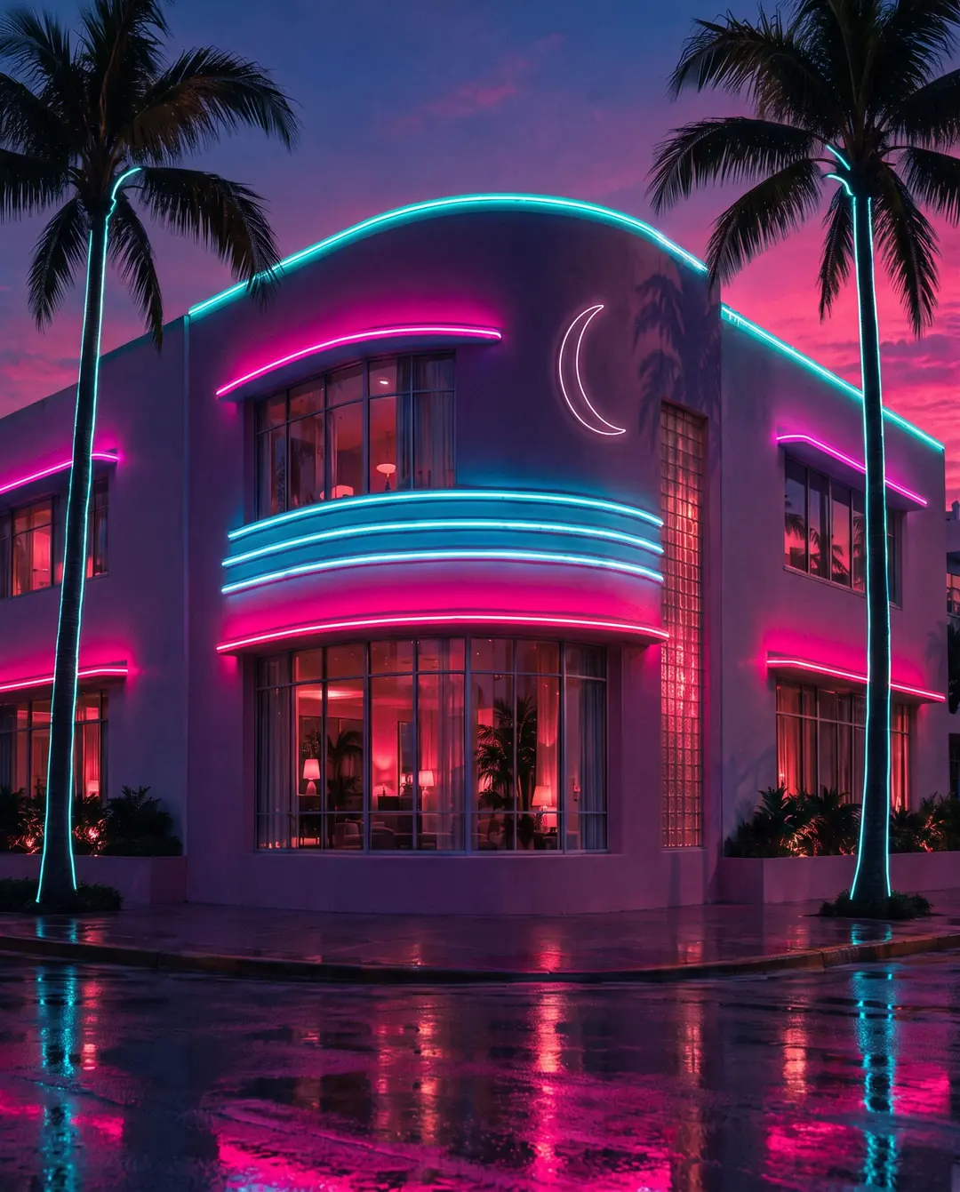A Streamline Moderne corner building at night, its curved ledges and roofline traced in hot pink and electric cyan neon, a pink neon crescent moon, palms rimmed in cyan light and a wet street reflecting every tube