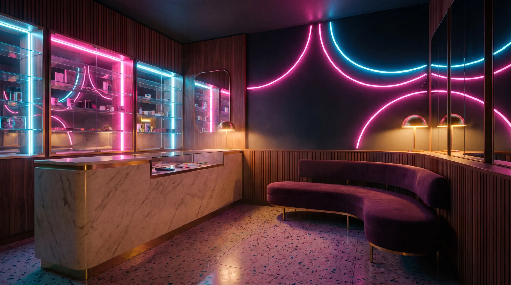 The Happy Nights counter and lounge at night, backlit display cases glowing magenta and cyan above cream marble and warm walnut