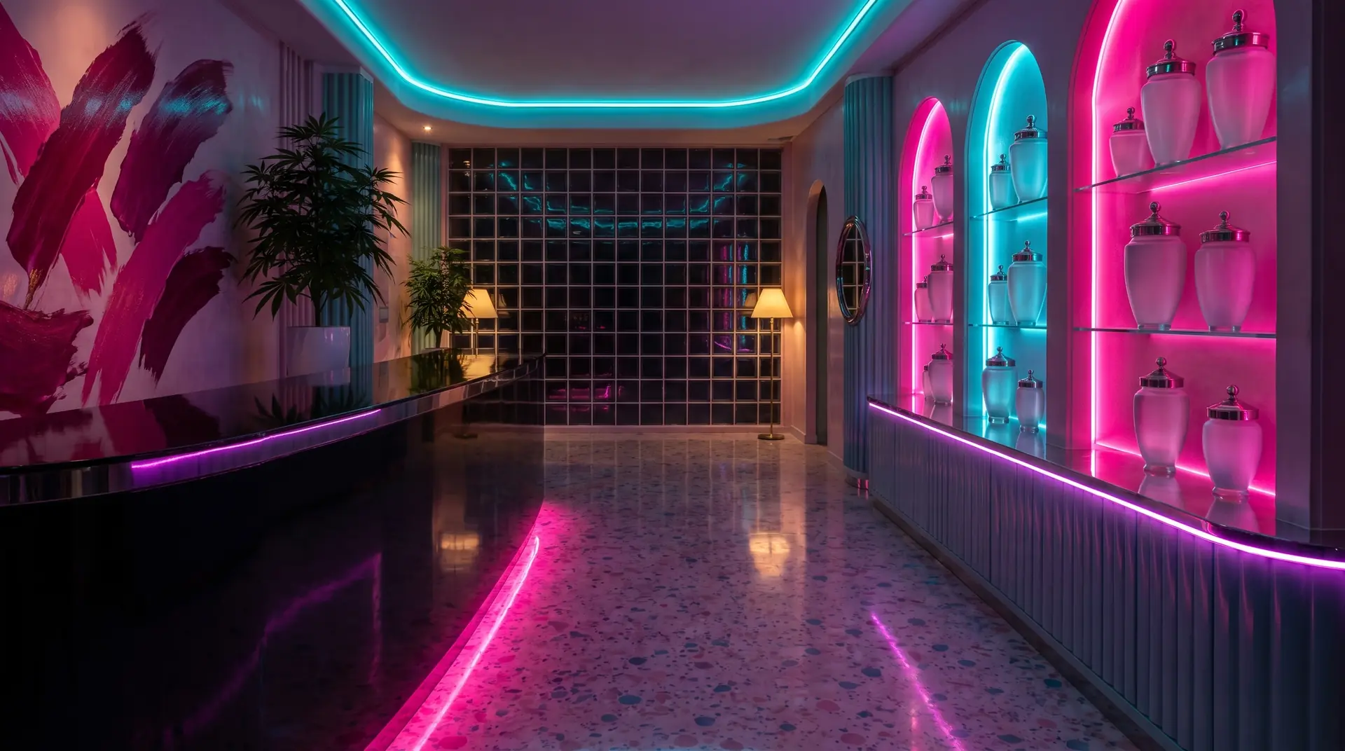 A shop interior at night with a black lacquer counter on a pink neon underglow, arched niches backlit pink and cyan, a cyan ceiling cove, potted cannabis plants and a hot-pink brush-stroke mural