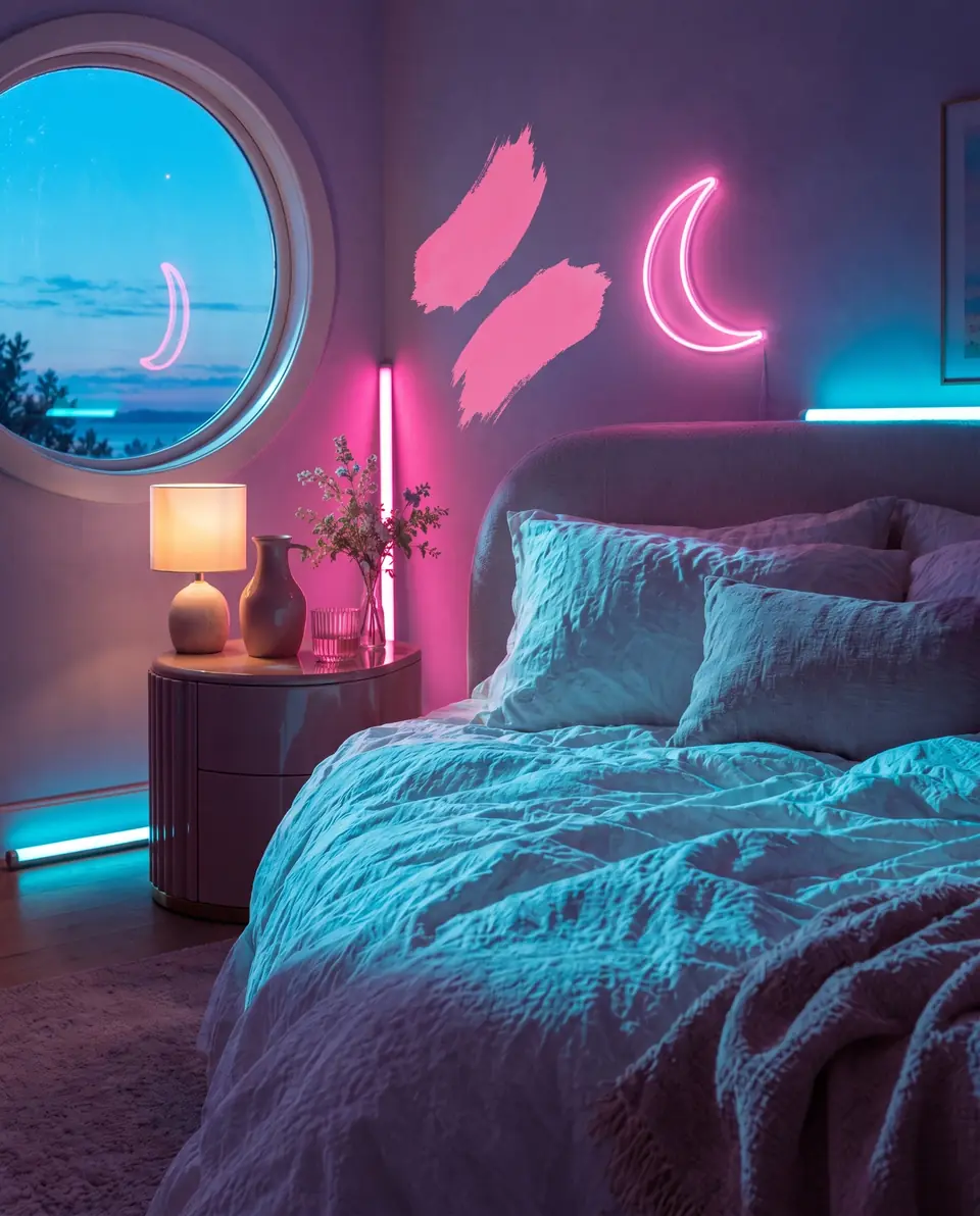 A bedroom late at night, white linen in cyan moonlight from a porthole window and a soft pink neon crescent moon on the wall