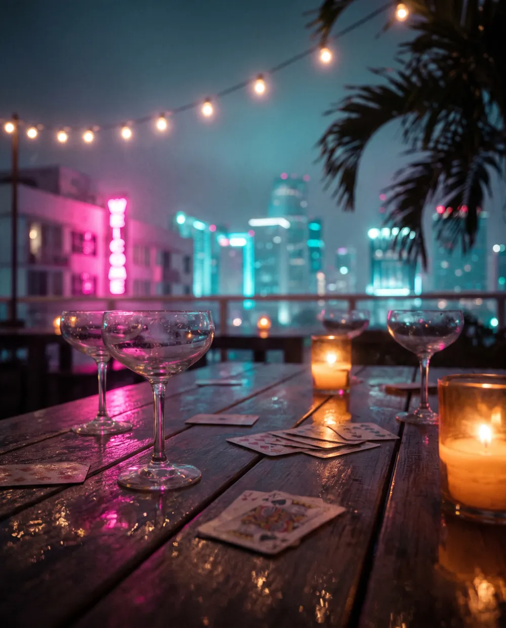 A rooftop table at night with empty coupe glasses catching hot pink neon and a cyan and magenta city skyline behind