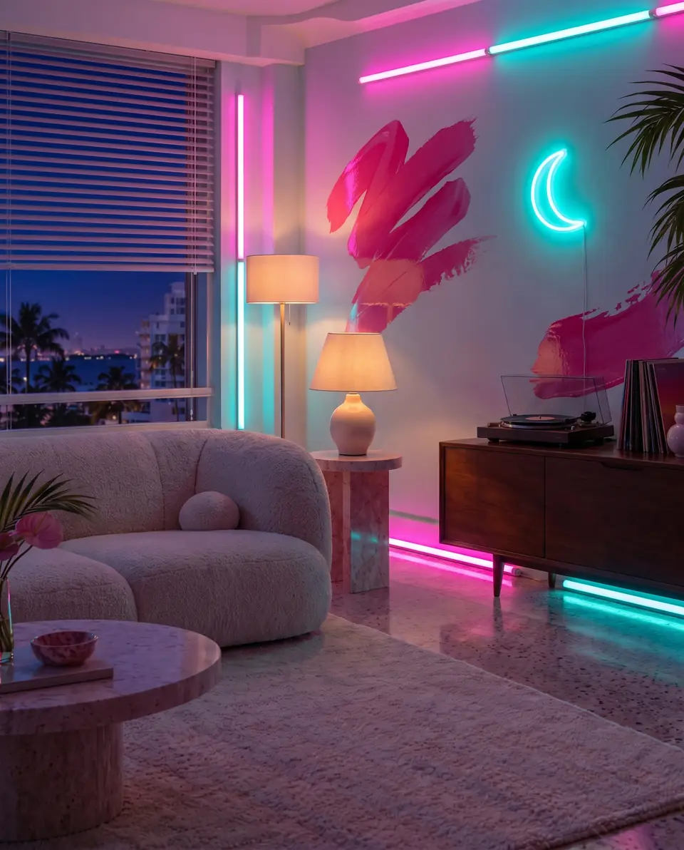 A calm living room at night with a cream boucle sofa, a warm lamp, a record player, a cyan neon crescent and pink neon strip light along the wall